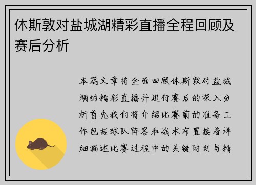 休斯敦对盐城湖精彩直播全程回顾及赛后分析